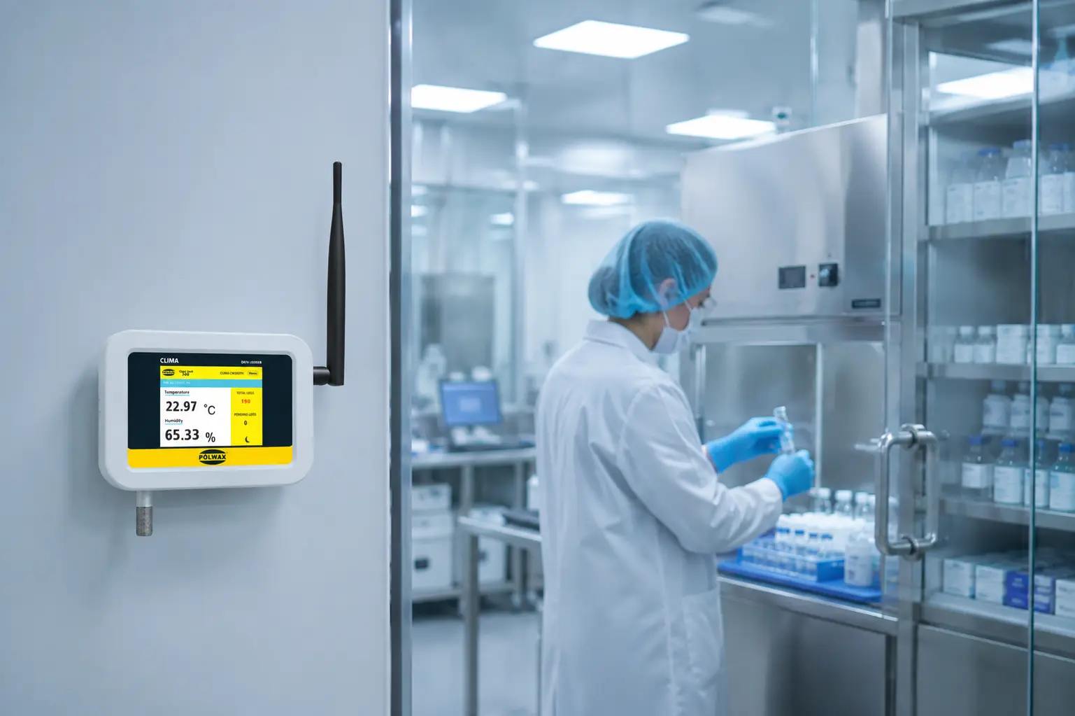 POLWAX CLIMA CW200TH WiFi temperature and humidity data logger installed in a pharmaceutical cleanroom for real-time environmental monitoring and regulatory compliance.