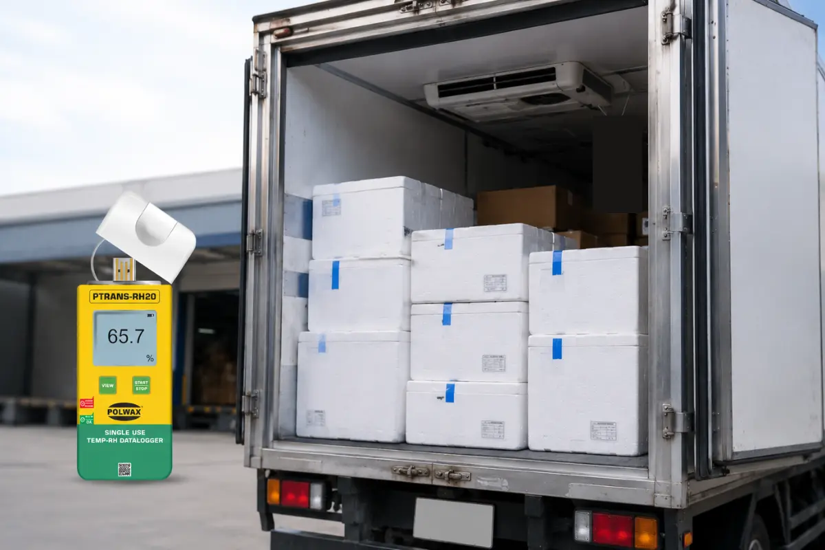 POLWAX PTRANS-RH20 single-use temperature and humidity data logger monitoring temperature-sensitive pharmaceutical products inside a refrigerated cold storage facility.