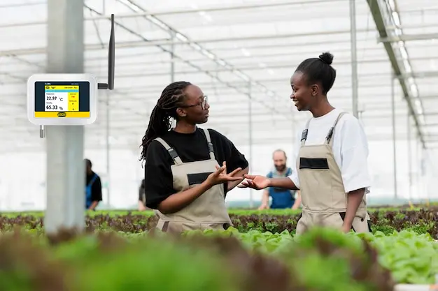 POLWAX CLIMA CW200TH WiFi temperature and humidity data logger installed in a modern greenhouse for real-time environmental monitoring and crop protection.